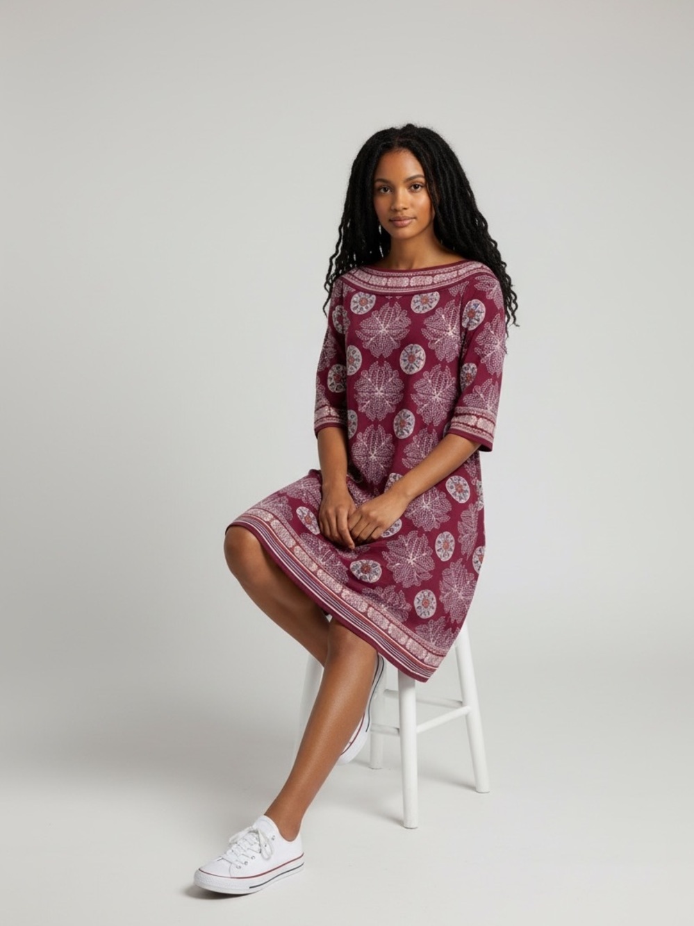 Max Studio Burgundy Geo Print Boat Neck Shift Dress Size XL